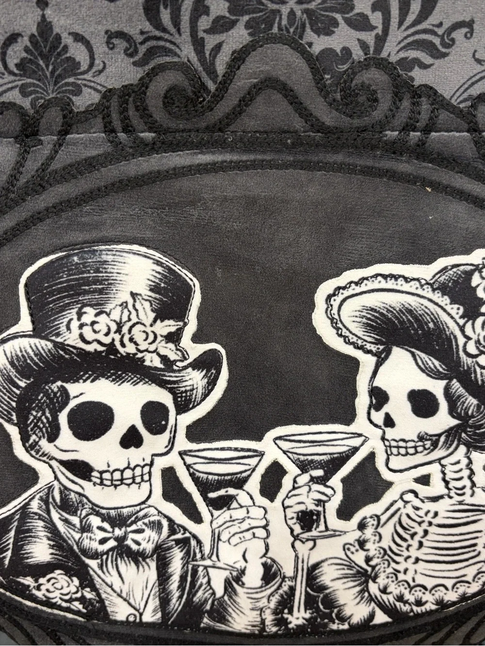 Halloween Mantel Scarf Skeletons Cocktails Embroidered Velvet by Madame Bones